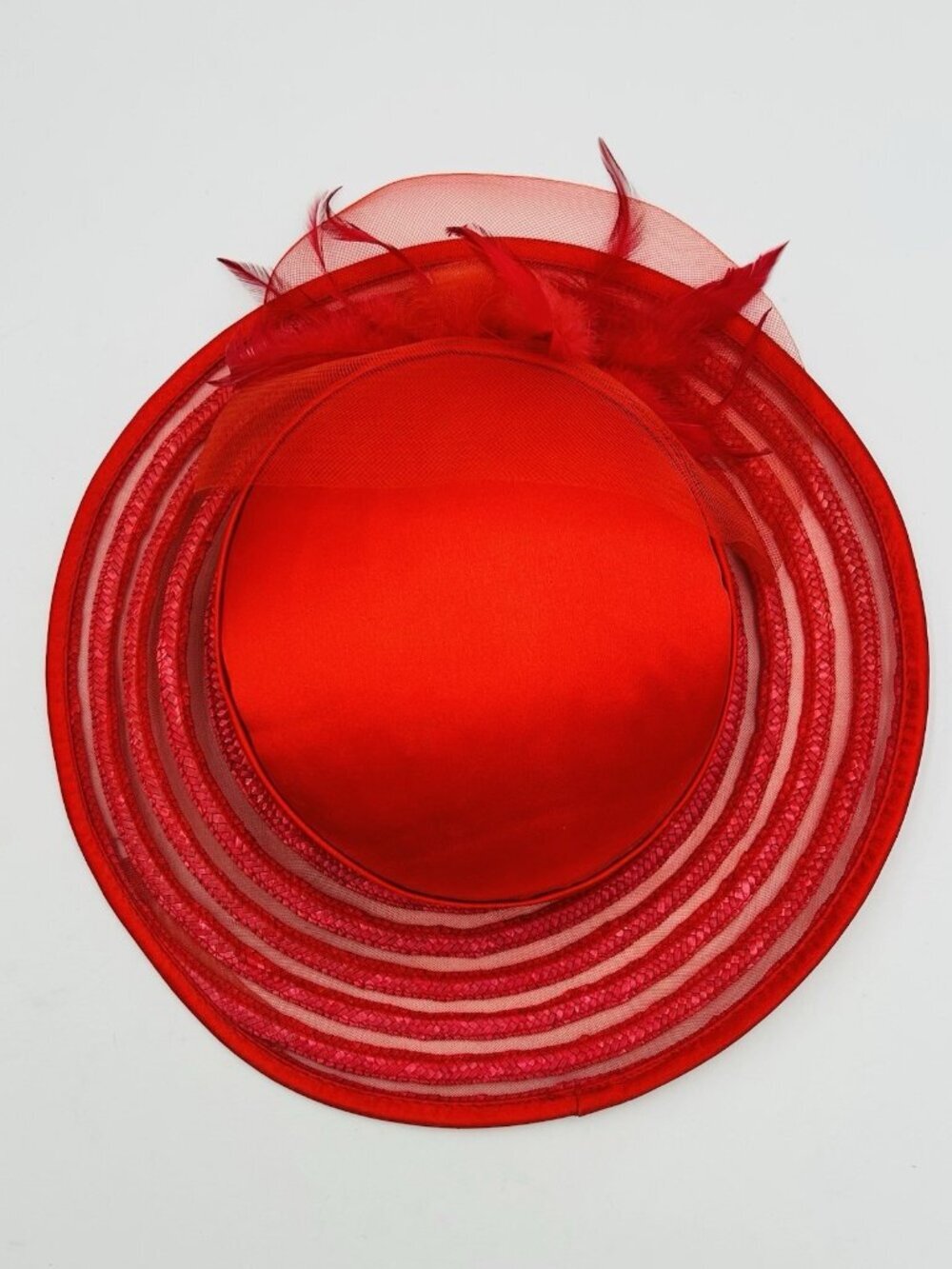 Vintage 1950’s Womens Red Straw Satin Wide Brim Derby Hat with Feathers